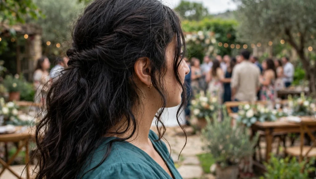 Young woman with a romantic wedding guest hairstyle seen over the shoulder at a garden wedding, wearing a teal dress.