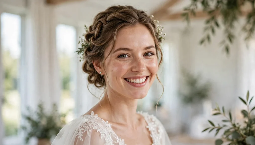 Beautiful bride with stunning wedding hairstyle in bright photography.