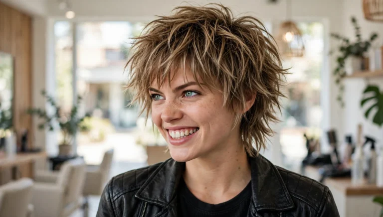 Beautiful woman with stunning wolf haircut in bright salon photography.
