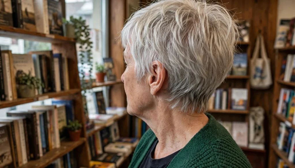 A woman in her early sixties with a silver-blonde pixie haircut, seen over the shoulder while browsing books in a neighborhood bookstore.
