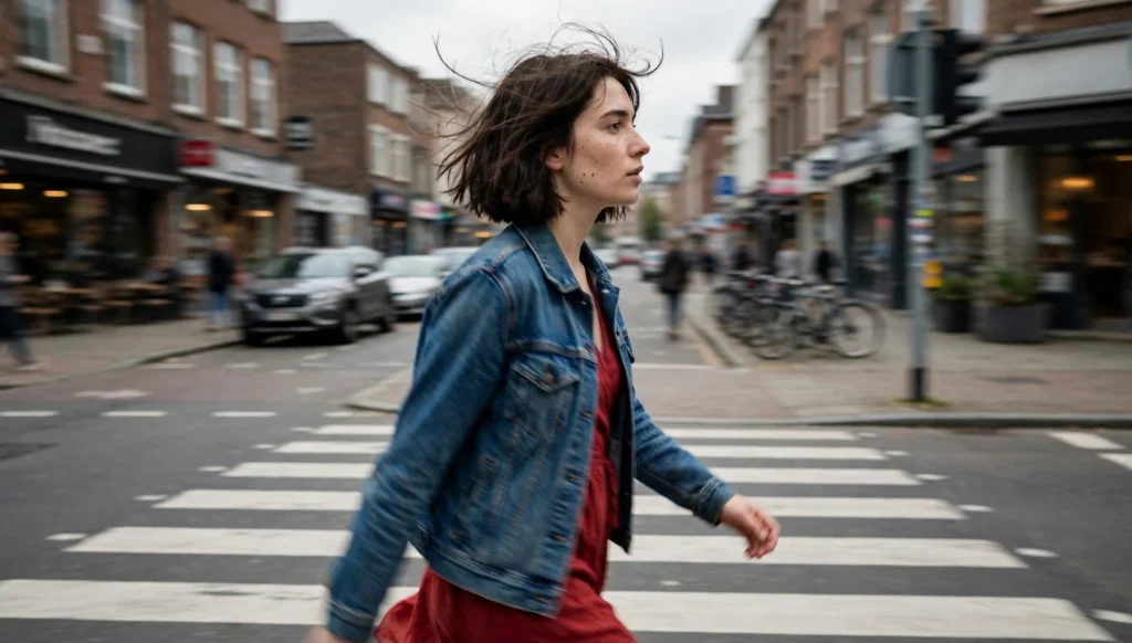 Young woman walking across a city street with a trendy bob haircut, wearing a denim jacket and red dress, candid phone photo.