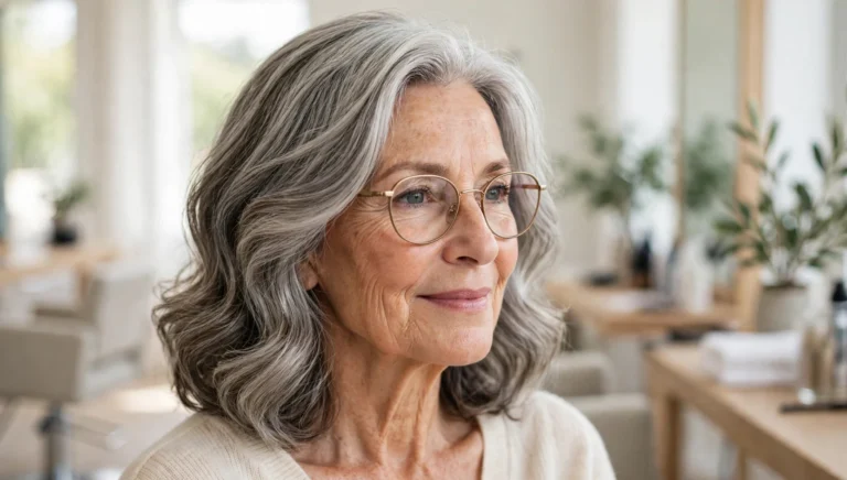 Elegant older woman with glasses and a beautiful medium-length hairstyle in bright salon photography.