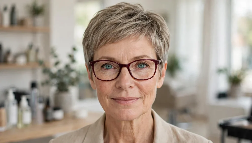 Elegant woman over 50 with fine hair and glasses and a beautiful pixie hairstyle in bright salon photography.