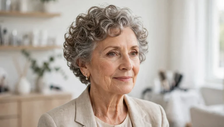 Elegant woman over 60 with beautiful short curly hair in bright salon photography.