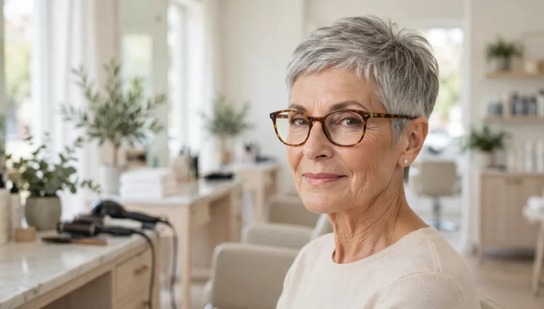 Elegant woman over 60 with glasses and a beautiful short haircut in bright salon photography.