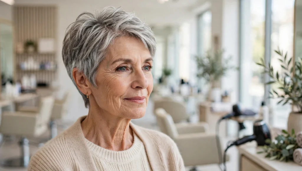 Elegant woman over 60 with a beautiful short hairstyle in bright salon photography.