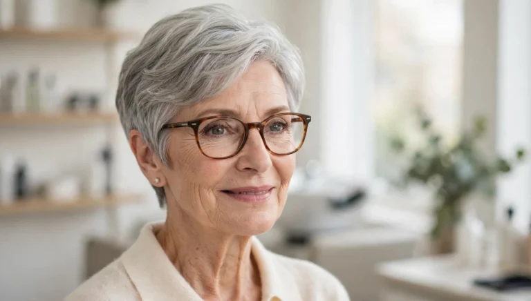 Elegant woman over 60 with glasses and a beautiful short hairstyle in bright salon photography.