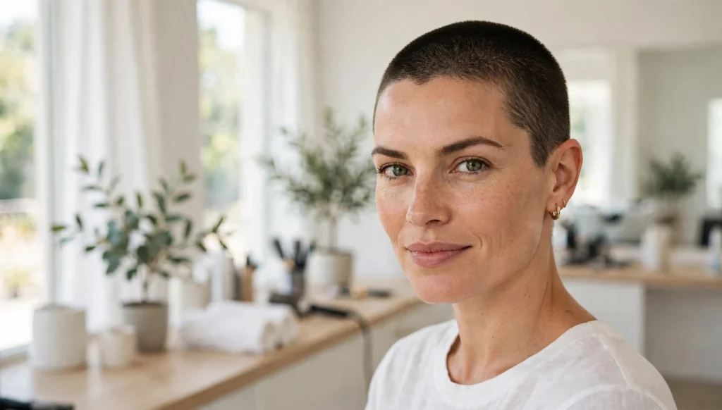 Woman with a bold buzz cut hairstyle in bright studio photography.