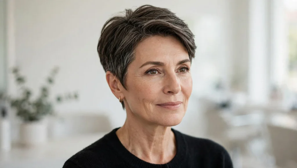 Elegant woman over 50 with a beautiful short haircut in bright salon photography.