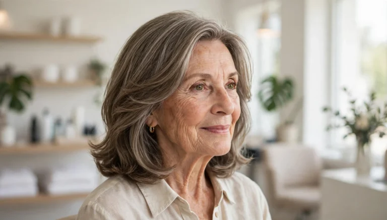 Elegant woman over 60 with a beautiful medium-length hairstyle in bright salon photography.