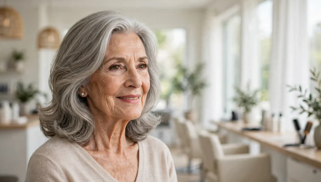 Elegant woman over 70 with a beautiful medium-length hairstyle in bright salon photography.