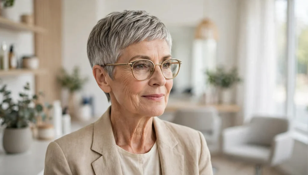 Elegant woman over 60 with glasses and a beautiful pixie haircut in bright salon photography.