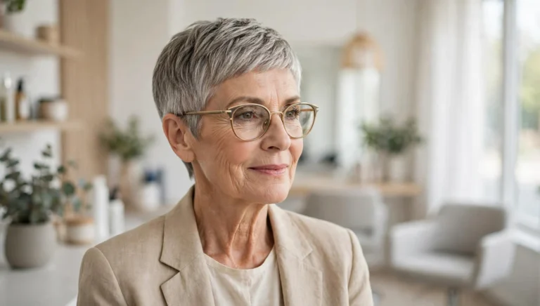 Elegant woman over 60 with glasses and a beautiful pixie haircut in bright salon photography.