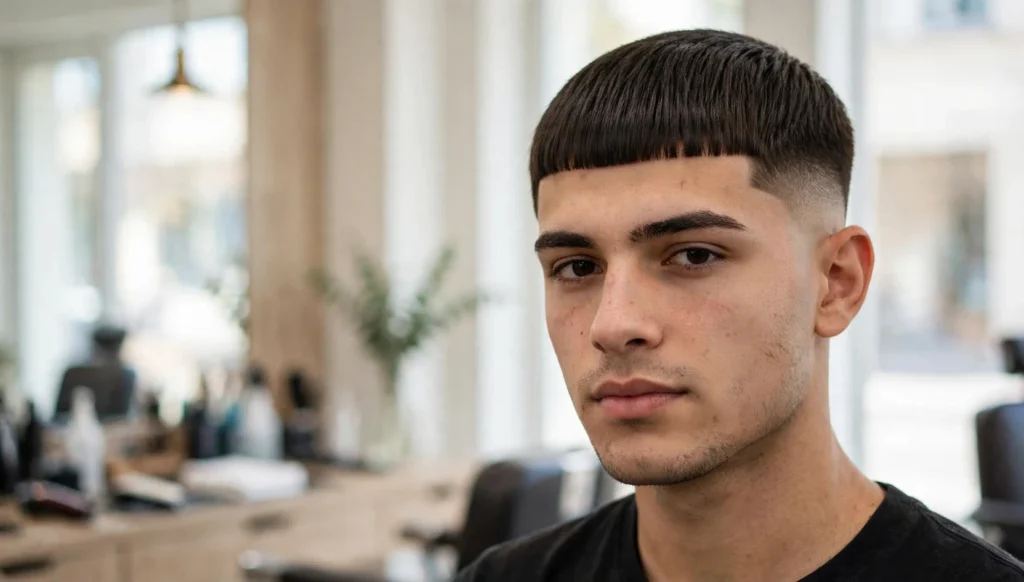 Young man with a sharp Edgar haircut in bright barbershop photography.