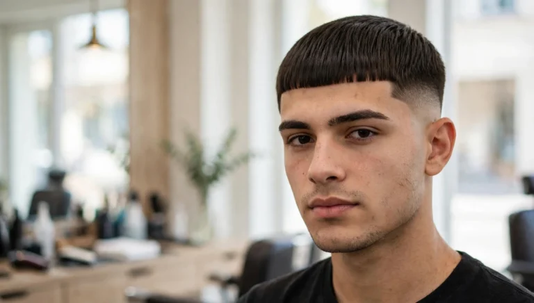 Young man with a sharp Edgar haircut in bright barbershop photography.