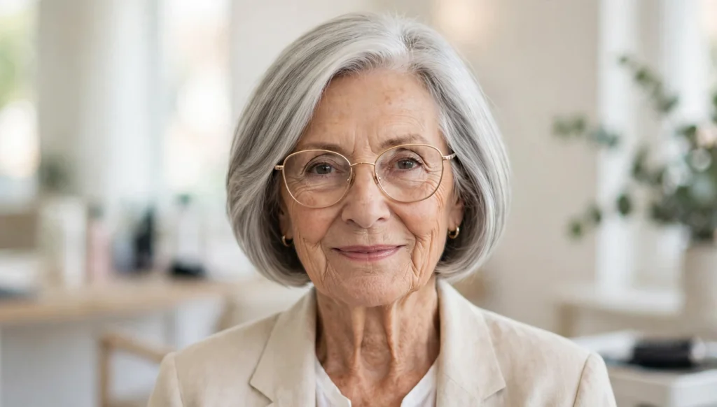 Elegant woman over 70 with glasses and a beautiful bob haircut in bright salon photography.