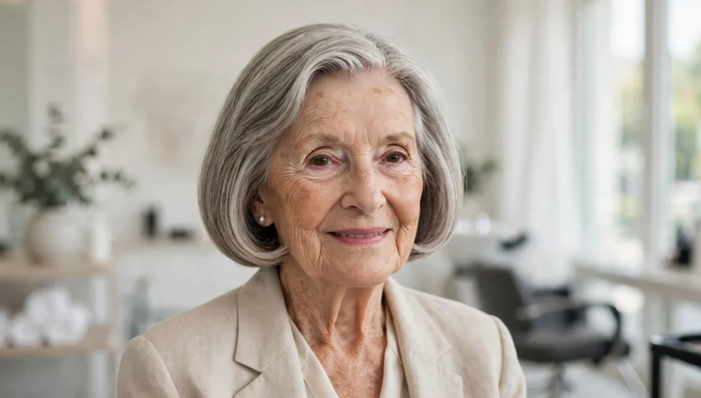 Elegant woman over 80 with a beautiful bob haircut in bright salon photography.
