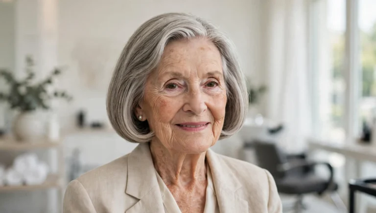 Elegant woman over 80 with a beautiful bob haircut in bright salon photography.