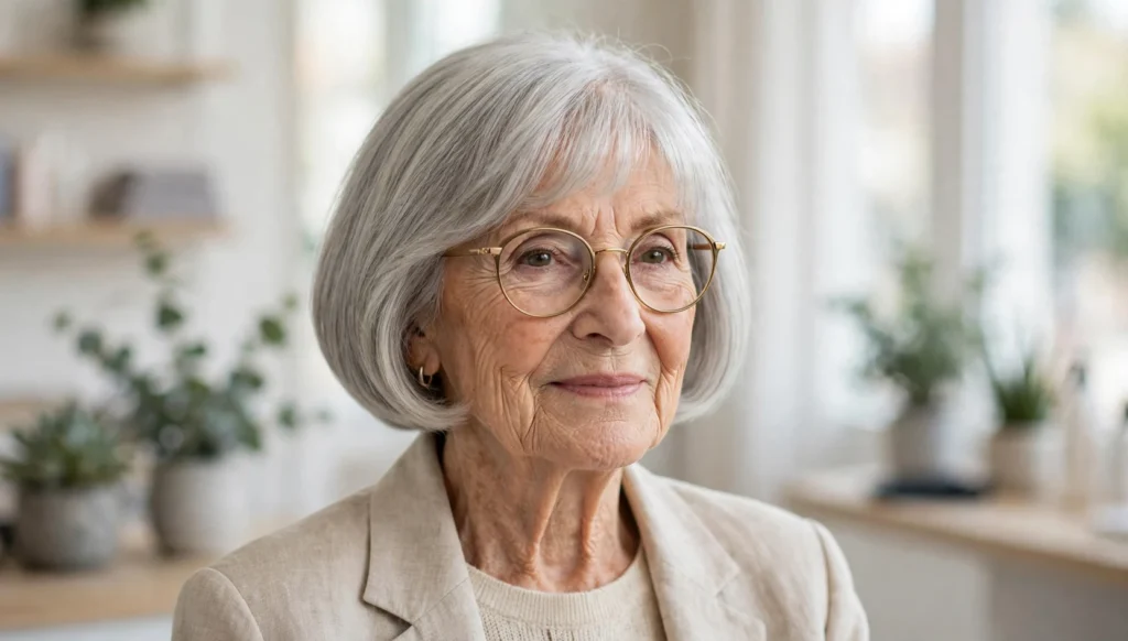 Elegant woman over 80 with glasses and a beautiful bob haircut in bright salon photography.