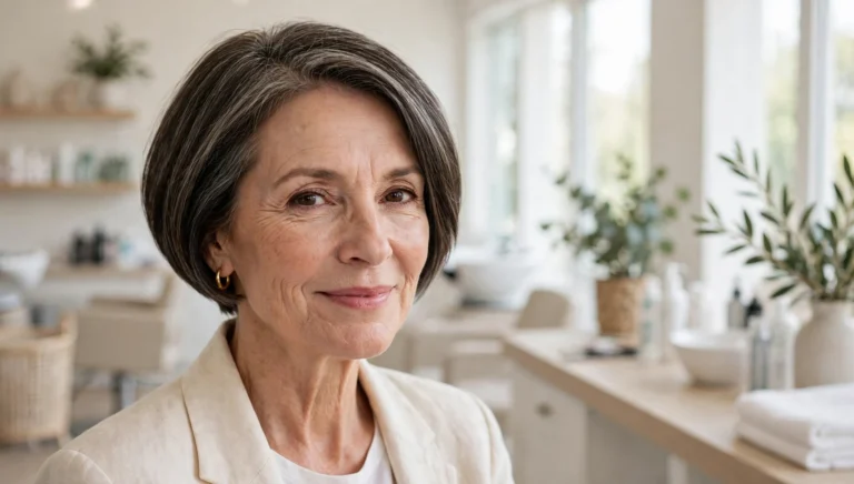 Elegant woman over 50 with a beautiful short bob hairstyle in bright salon photography.