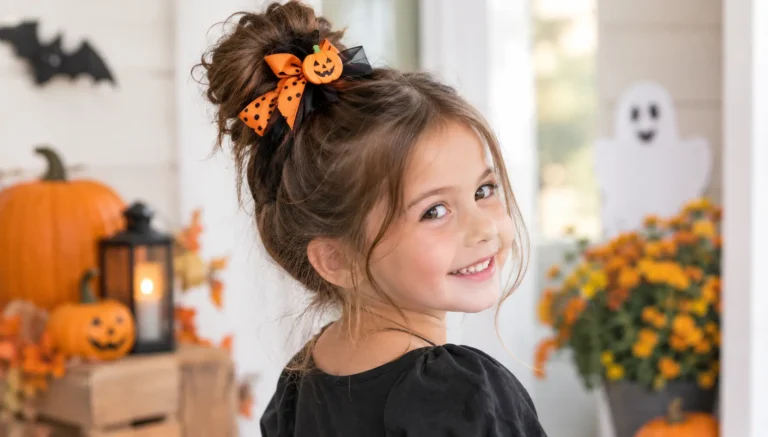 A young girl with brown hair in a messy bun decorated with an orange Halloween bow and pumpkin accessory, smiling in a cozy autumn setting with pumpkins and Halloween decorations.