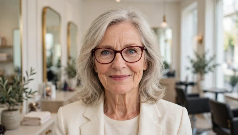 Elegant older woman with fine hair and glasses and a beautiful medium-length hairstyle in bright salon photography.
