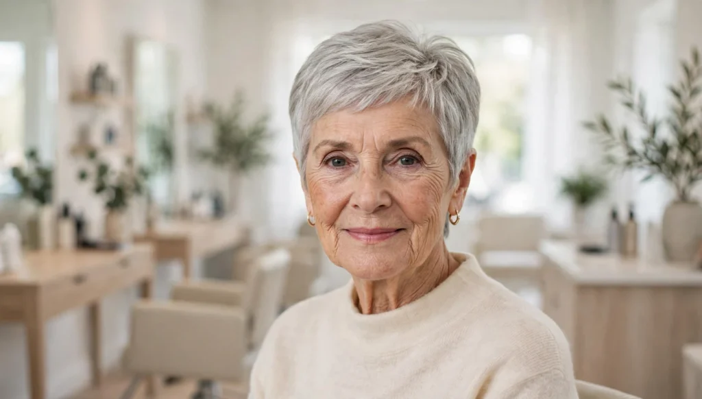 Elegant woman over 70 with a beautiful pixie haircut in bright salon photography.