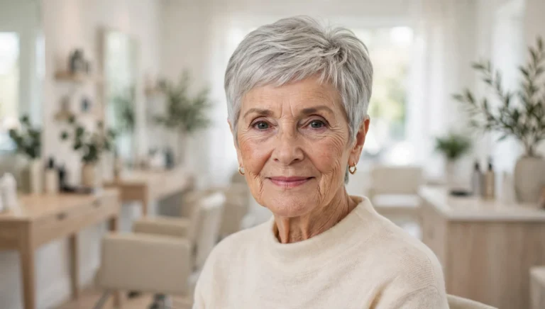 Elegant woman over 70 with a beautiful pixie haircut in bright salon photography.
