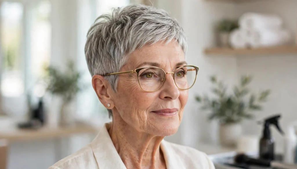 Elegant woman over 70 with glasses and a beautiful pixie haircut in bright salon photography.