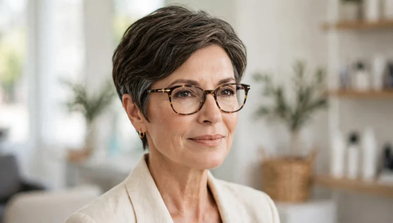 Elegant woman over 50 with glasses and a beautiful short hairstyle in bright salon photography.