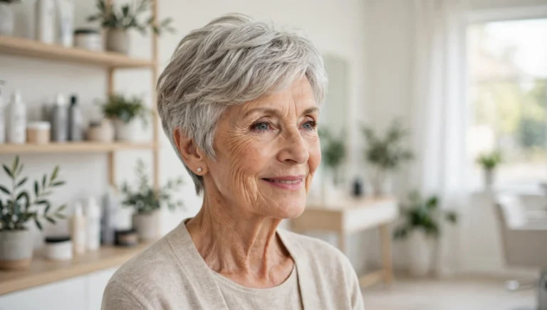 Elegant woman over 70 with a beautiful short hairstyle in bright salon photography.