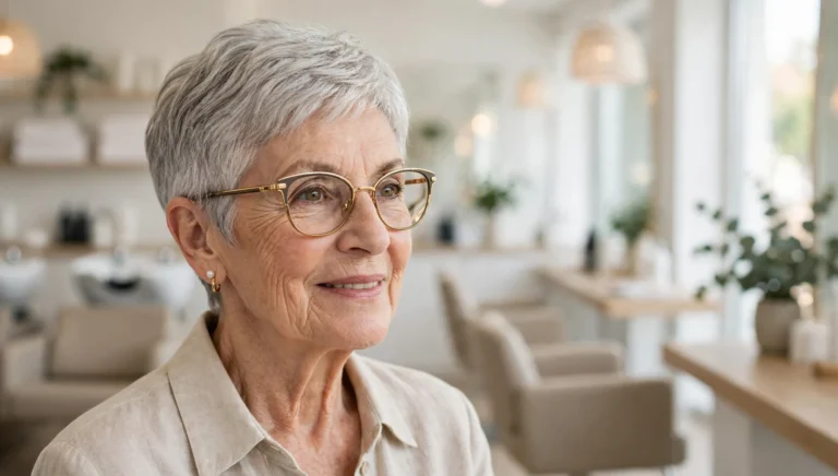 Elegant woman over 70 with glasses and a beautiful short hairstyle in bright salon photography.