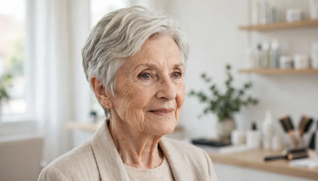 Elegant woman over 80 with a beautiful short hairstyle in bright salon photography.