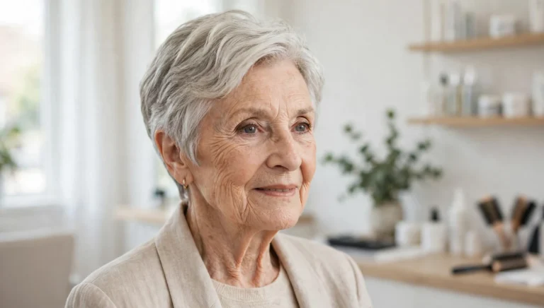 Elegant woman over 80 with a beautiful short hairstyle in bright salon photography.