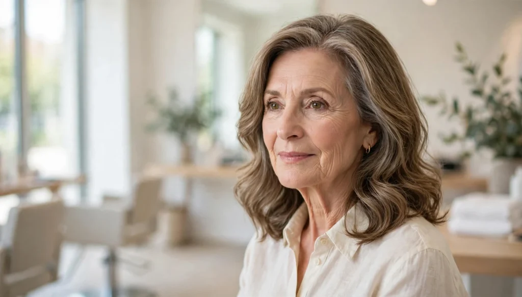 Elegant woman over 50 with a medium-length hairstyle in bright salon photography.