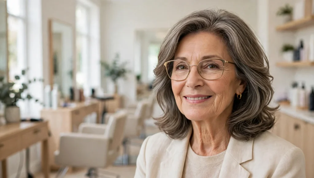 Elegant woman over 60 with glasses and a beautiful medium-length hairstyle in bright salon photography.