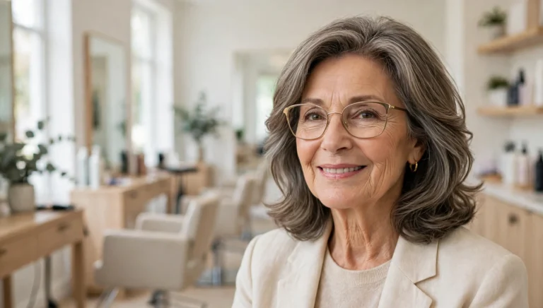Elegant woman over 60 with glasses and a beautiful medium-length hairstyle in bright salon photography.