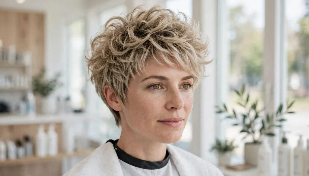 Woman with a voluminous pixie haircut for fine hair in bright salon photography.