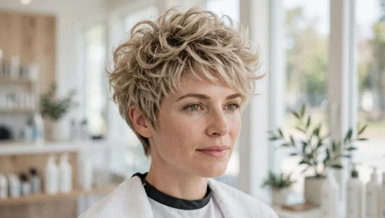Woman with a voluminous pixie haircut for fine hair in bright salon photography.