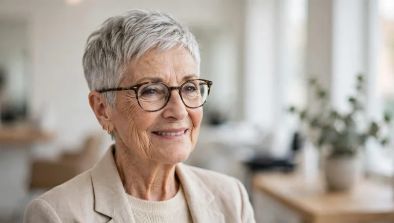 Elegant woman over 80 with glasses and a beautiful pixie haircut in bright salon photography.