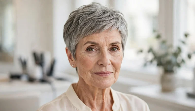 Elegant woman over 60 with a beautiful short haircut in bright salon photography.