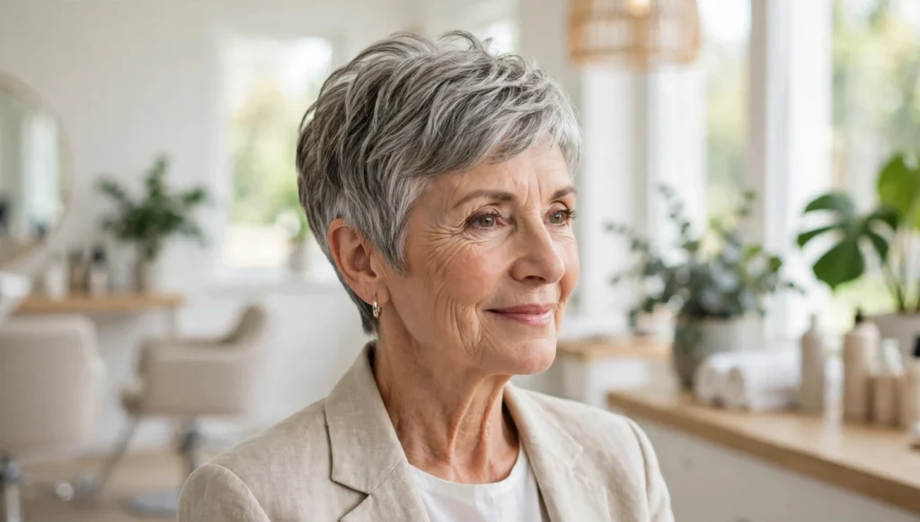Elegant older woman with a beautiful short haircut in bright salon photography.