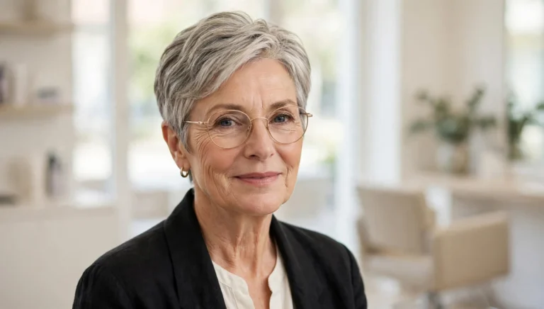 Elegant older woman with glasses and a beautiful short haircut in bright salon photography.