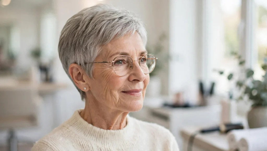 Elegant woman over 60 with fine hair and glasses and a beautiful short haircut in bright salon photography.