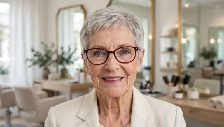 Elegant older woman over 70 with fine hair and glasses and a beautiful short hairstyle in bright salon photography.