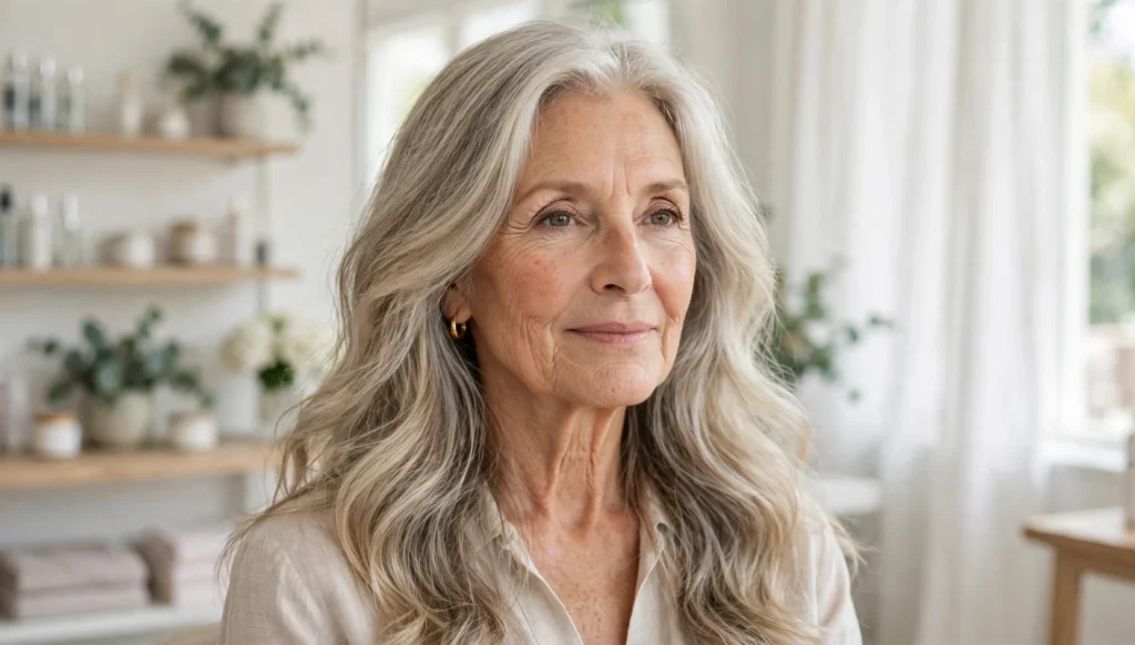 Elegant woman over 60 with beautiful long hair in bright salon photography.