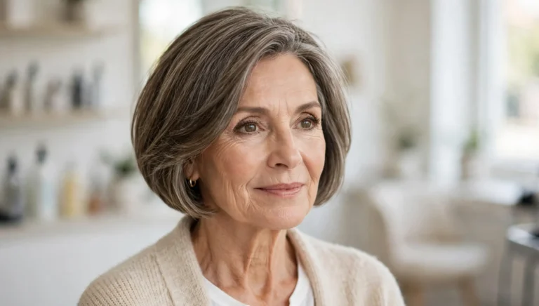 Elegant woman over 60 with a chic bob haircut in bright salon photography.