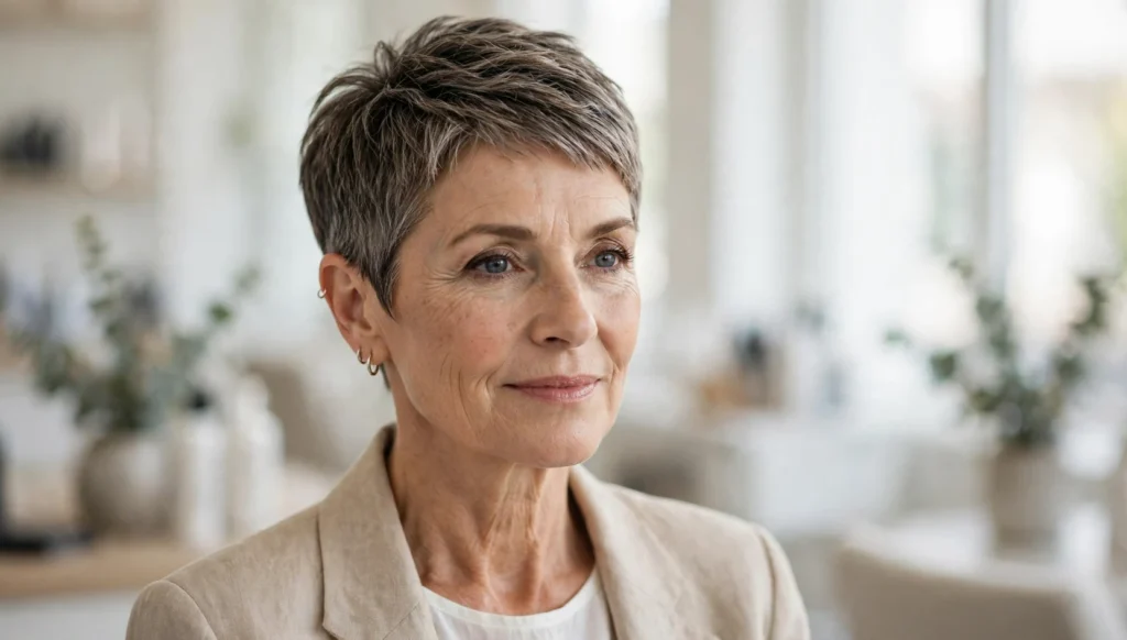 Elegant woman over 50 with a beautiful pixie hairstyle in bright salon photography.