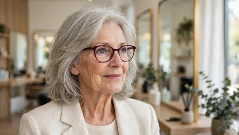 Elegant older woman over 70 with fine hair and glasses and a beautiful medium-length hairstyle in bright salon photography.