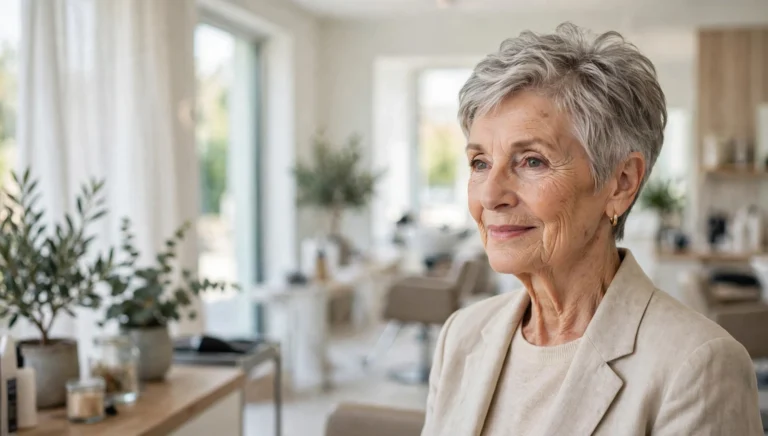Elegant woman over 70 with a beautiful short haircut in bright salon photography.